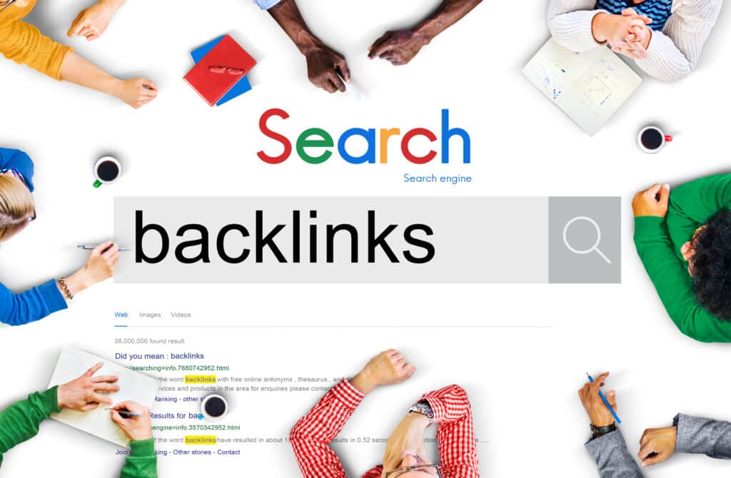 An example of a search engine landing page with eh word "backlinks" entered in the search bar and 8 people seated around it.