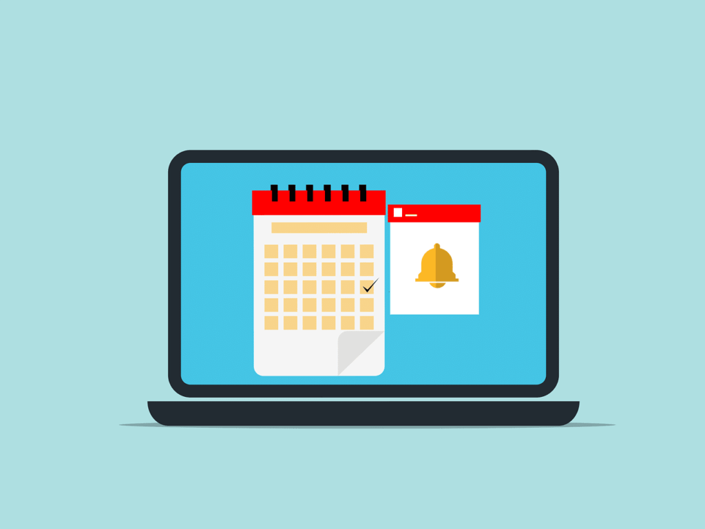 A laptop displaying a content calendar with an alarm set to remind of upcoming tasks and deadlines.