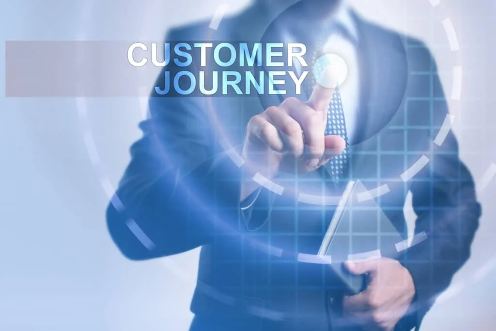A man in a suit taps a beacon marked as "Customer Journey" on a grid overlay.