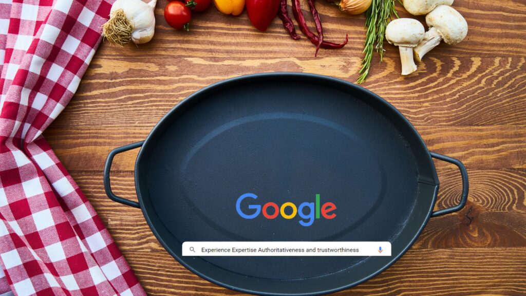 Google EEAT represented by a search bar on a plate.